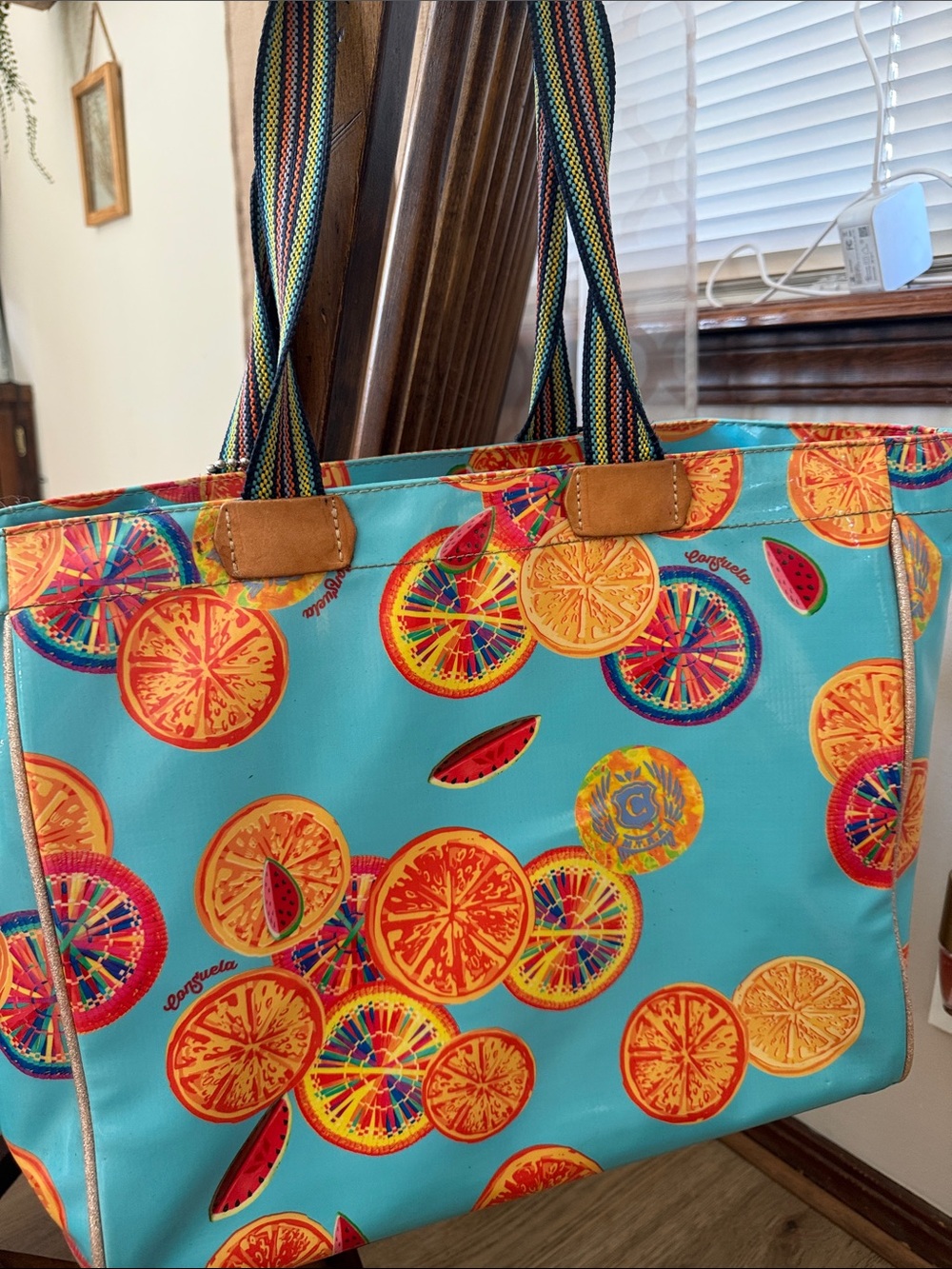 Consuela Turquoise Citrus Print Tote with Multicolor Tassel - Picture 3 of 3